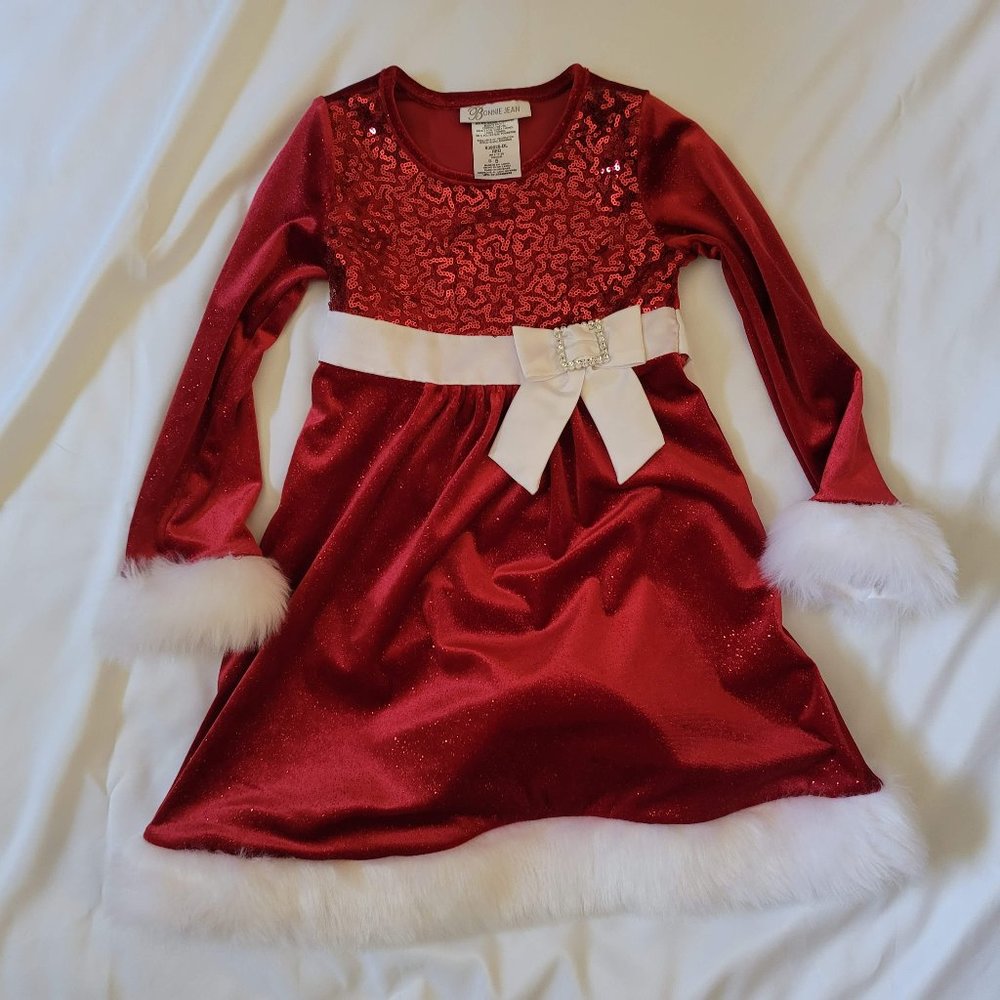 Girls Sz 5 Bonnie Jean Red Spandex Sequin Bodice Stretch Dress Christmas